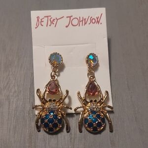 Betsey Johnson Gold Toned AB Rhinestone Multi Color Spider Dangle Earrings 2"
